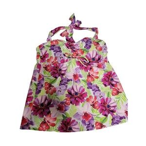 Lands’ End Swim Tankini Top 8 Cinched Tie Front Floral Print Padded Wire Free